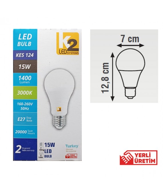 15W LED AMPÜL 3000K GÜN IŞIĞI 1400 LUMEN E27 DUY K2 KENDAL